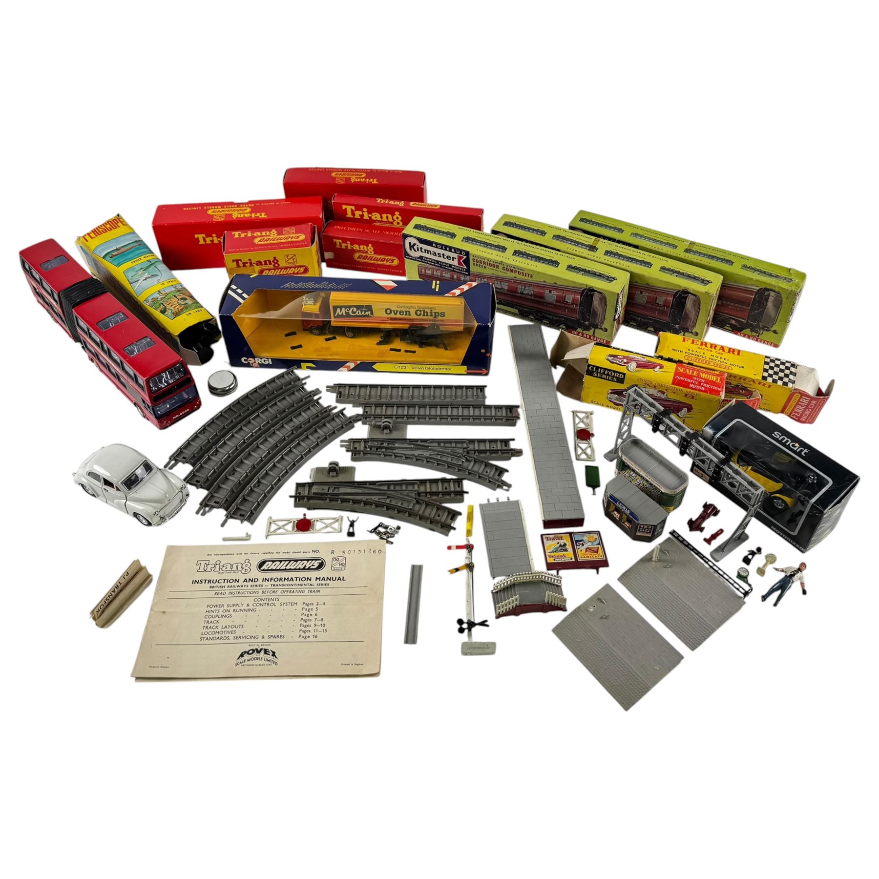 Collection of Tri-ang Railways OO gauge locomotive models including R50 4-6-2 Princess Victoria Black Livery and various accessories; three Kitmaster Corridor Composite OO gauge kit built model in green, together with a collection of die-cast toy vehicles including Clifford Series Ferrari Racing Car and M.G.B, mostly boxed