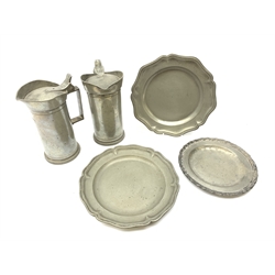  A pair of Antique, probably 19th century French pewter litre tankards, with marks to base for Leclerc Humbert, H11.5cm, together with two Antique pewter dishes, D24cm, and another later example.   