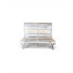 19th century cast iron and wood slatted garden bench, high scroll back form, low X shaped base, finished in distressed white paint