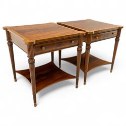 Maitland Smith - Pair of mahogany side tables, the rectangular top with rounded corners, the top edge inlaid with movingui wood, above two under-tier shelves, and frieze drawer, supported on stop-reed and acanthus foliate carved legs united by platform stretcher, raised on brass sabot foot caps