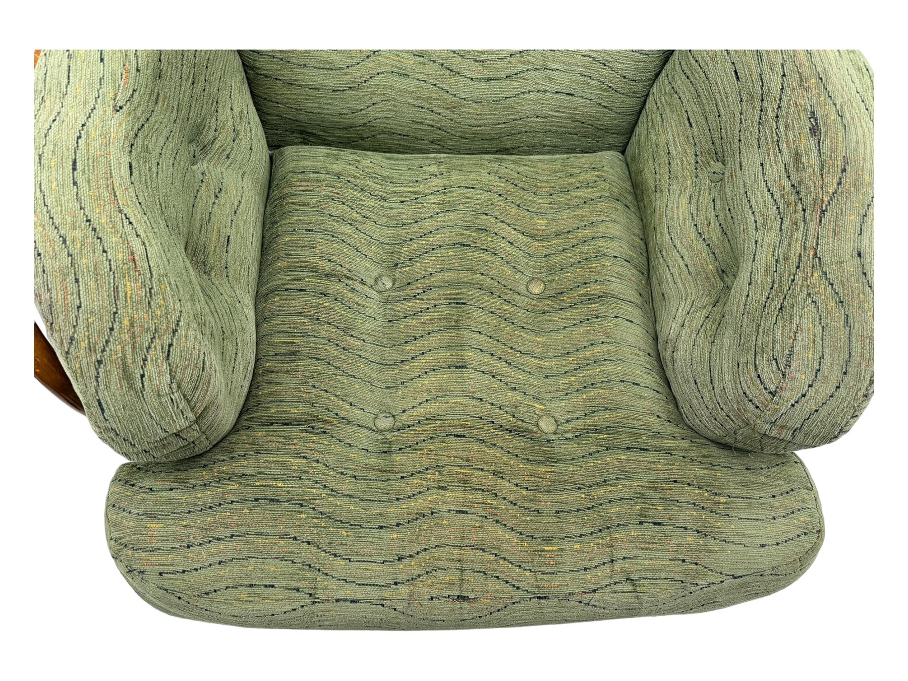 Ercol - mid-20th century three-piece suite, comprising two-seater sofa, upholstered in green fabric with teak frame, on splayed supports with stretcher (W142cm, D95cm, H87cm); with matching pair of armchairs (W82cm, D95cm, H87cm)