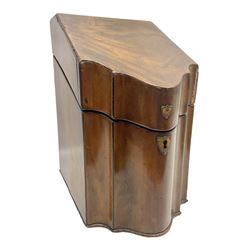 Georgian mahogany knife box, of serpentine fronted form with strung detail to the hinged cover and body, converted into two separate compartments, H37cm 