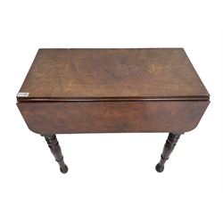 19th century walnut drop leaf side table, rectangular top with reeded edge, fitted with secret compartment with button action, leaf functions as hinged door enclosing cupboard, raised on turned supports