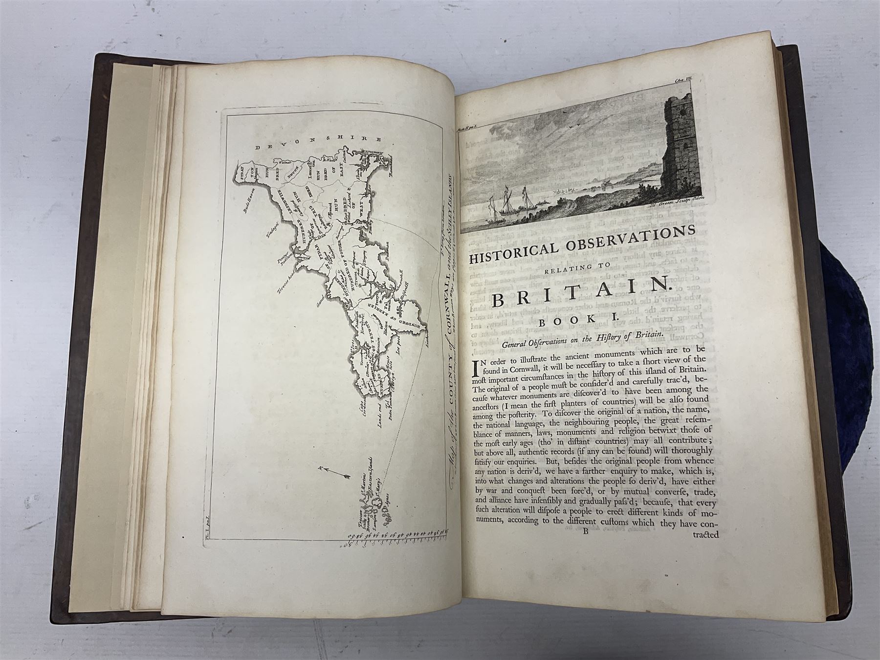William Borlase; Observations on the Antiquities Historical and Monumental of the County of Cornwall, 1754, printed by W. Jackson, High Street, Oxford, leather bound iwth gilt detailing and lettering to spine