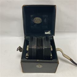 Lachenal & Co English 56 button concertina of hexagonal form, with pierced and fretted chrome metal ends, 6 fold bellows and leather finger straps, serial No 58181
With original velvet lined and fitted box with the company trade mark plaque to the inner lid