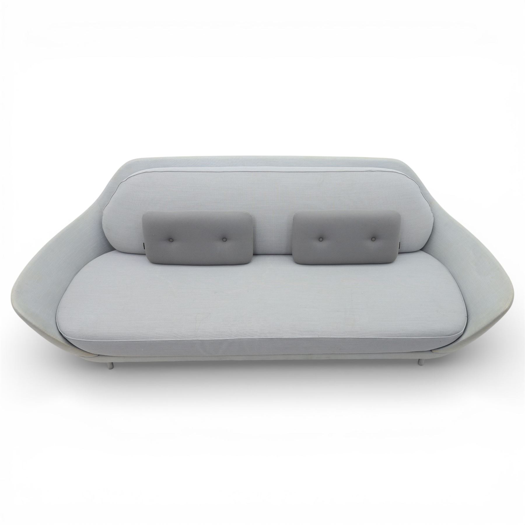 Fritz Hansen - 'Favn' sofa, designed by Jaime Hayon (1974-), upholstered in light grey fabric, the organic curved back and integrated arms enclosing loose seat and back cushions, raised on slender cylindrical metal supports