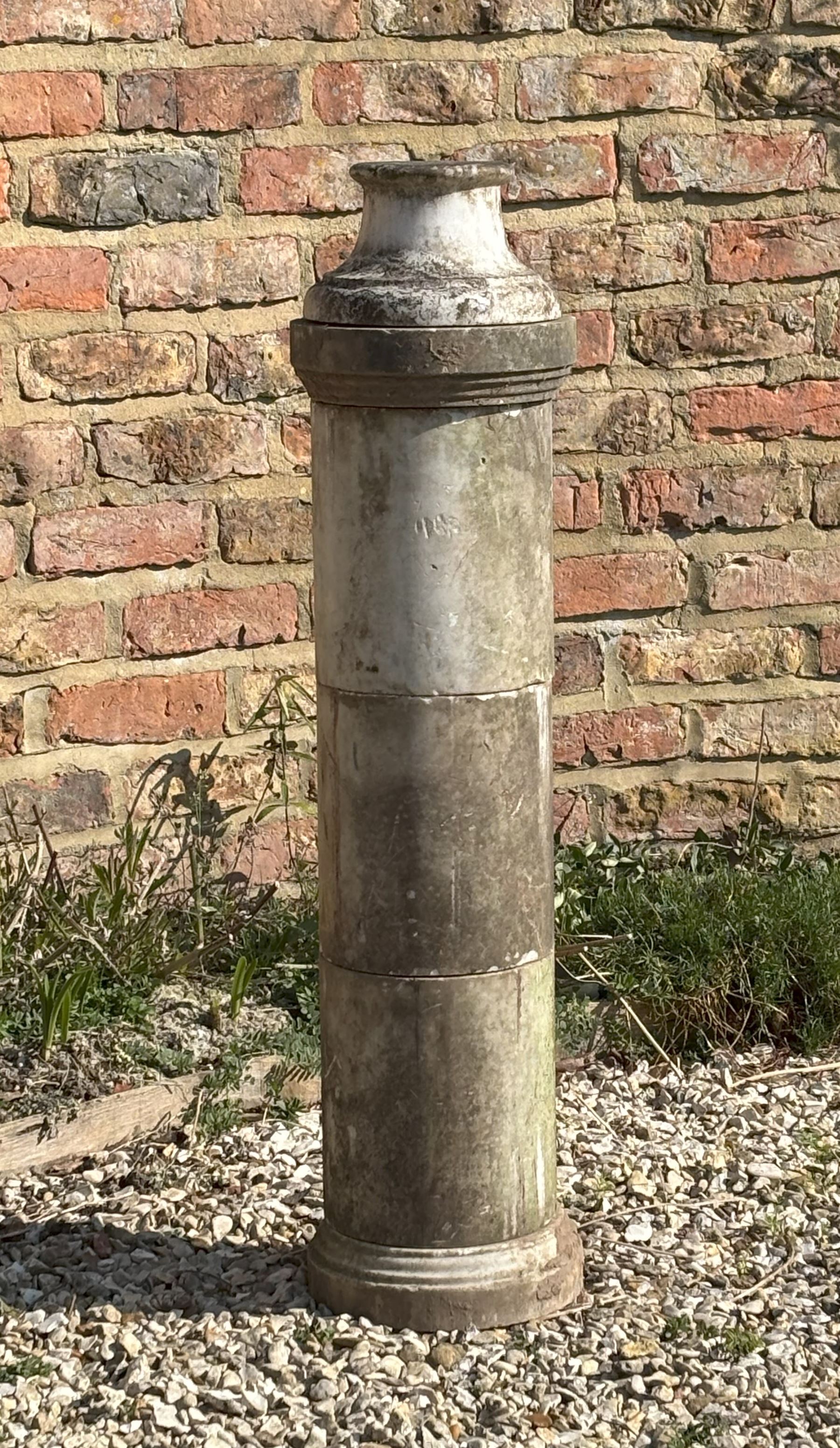 19th century marble columnar garden plinth, comprising a moulded circular base and conforming capitol, three cylindrical sections, and an associated socle. H96cm - COLLECTION BY APPOINTMENT FROM: The White House, Thirsk Road, Easingwold, York, YO61 3NF - CALL 01723 507111 TO ARRANGE