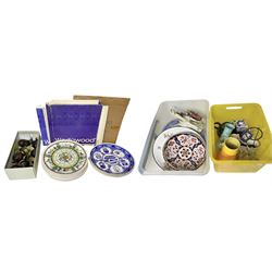 Victorian meat plates, Royal Dux style figure, together with Wedgwood and Ringtons collectors plates and other collectables, in three boxes  