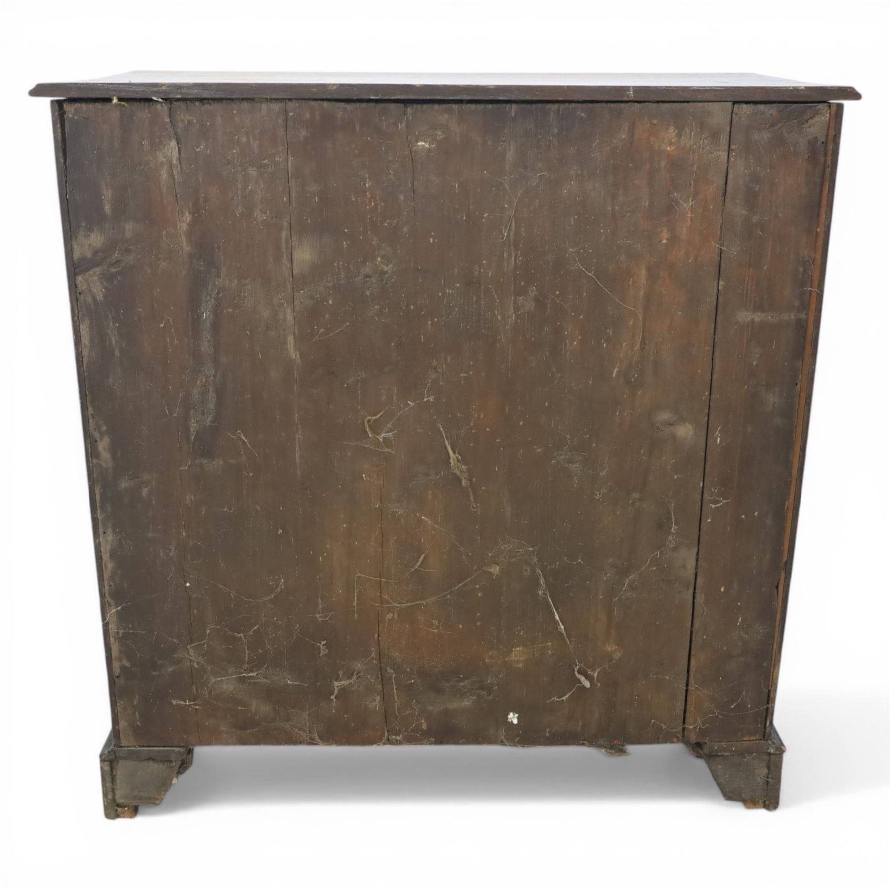 18th century oak chest, rectangular top with moulded edge, fitted with five drawers and baize line slide, with swan neck brass handles, raised on bracket feet