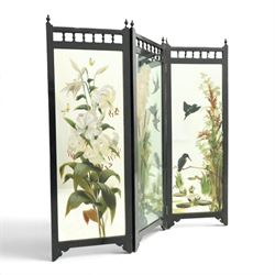 Late Victorian Aesthetic Movement ebonised and painted three-panel folding mirror screen, ...