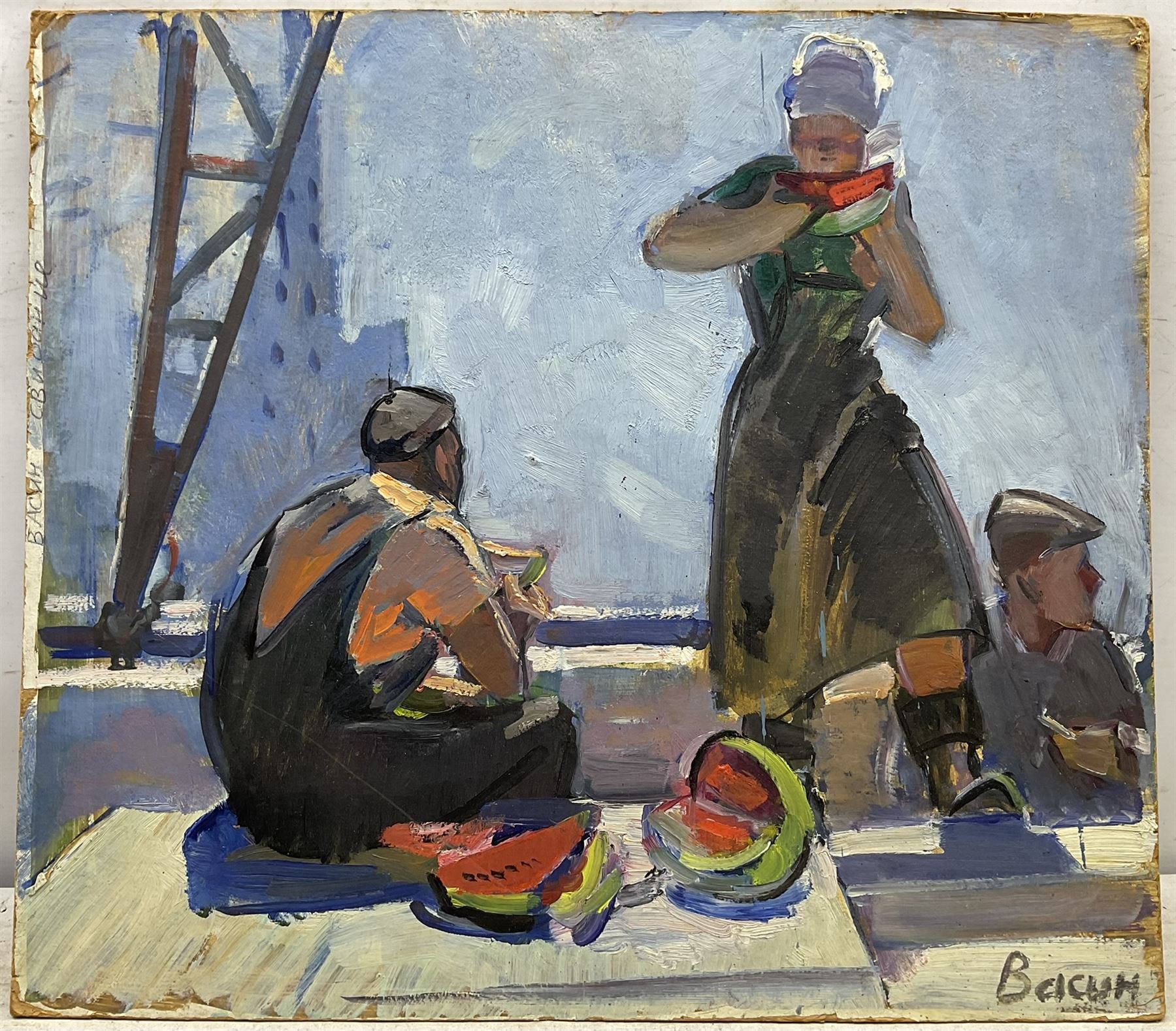 Viktor Fedorovich Vasin (Russian 1919-1997): Sailor and Young Lady Looking out to Sea and Workers Eating Watermelon, double-sided oil on board signed 46cm x 52cm (unframed)