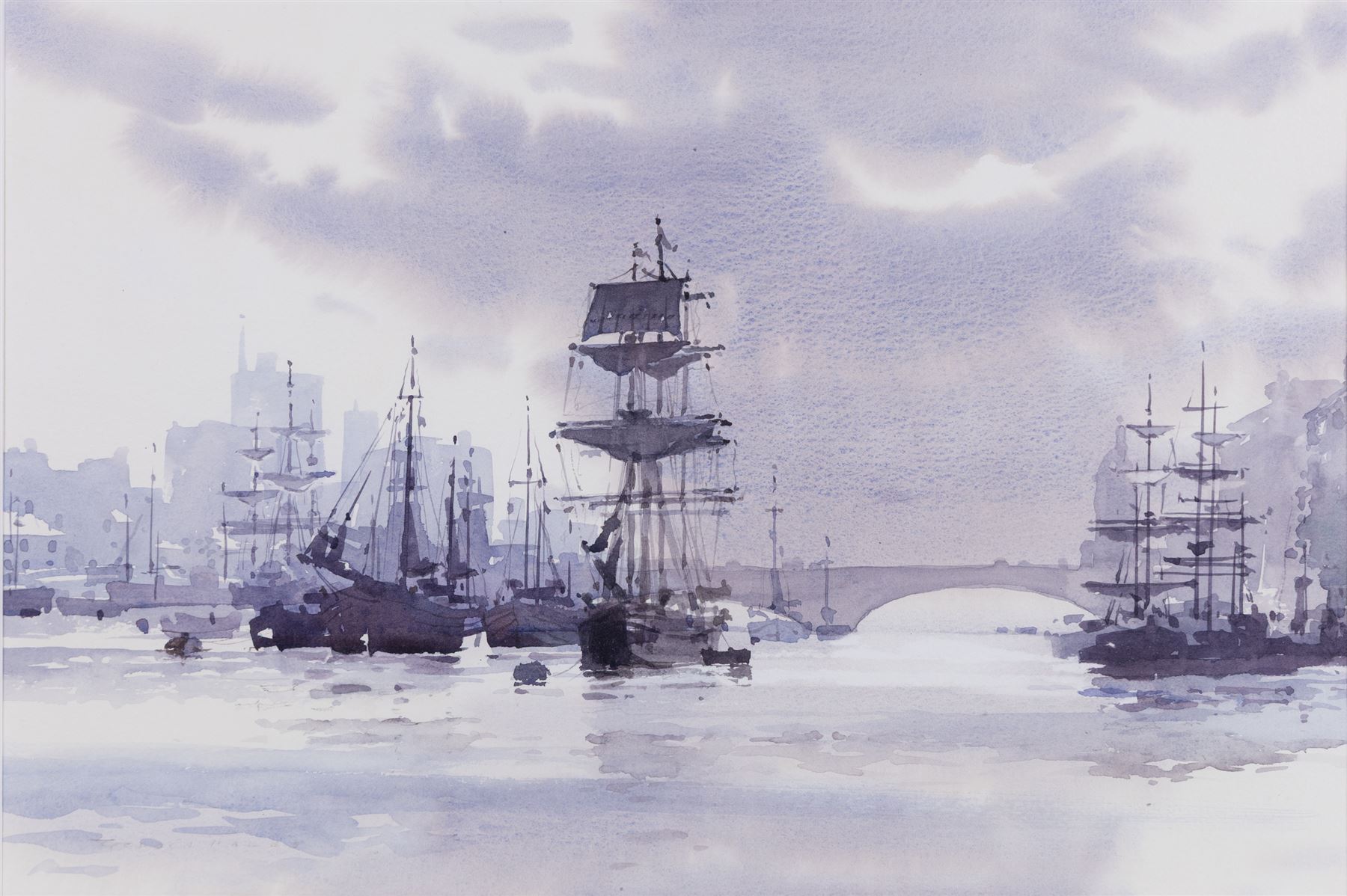 Gordon Hales (British 1916-1997): 'Tall Ships in the Upper Pool', watercolour signed, titled on label verso 32cm x 48cm 