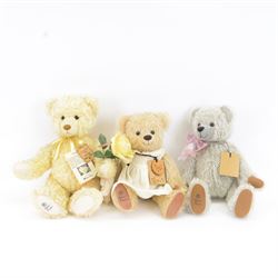 Three limited edition Robin Rive teddy bears to include 'Peace' a yellow mohair bear holding a yellow rose limited edition no.4/200, 'Tuddles' a musical grey mohair bear limited edition no.9/100 and 'Sally & Her Bear' a blonde mohair bear with crocheted teddy bear limited edition no.143/300, all with certificate tags, tallest H41cm 