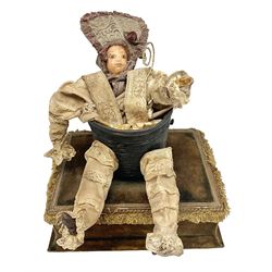Modern reproduction automaton in the form of a baby doll in a basket clothed in Victorian style lace bloomers and frilled bonnet; clockwork action; on raised platform; with French paper label on base, 29cm wide,