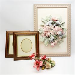 Pair of prints of girls with flowers, in gilt frames, W50cm, H60cm, two Capodimonte flower wall plaques, ceramic flowers, framed fabric flower display, two wooden picture frames with gilding and carved decoration (8)