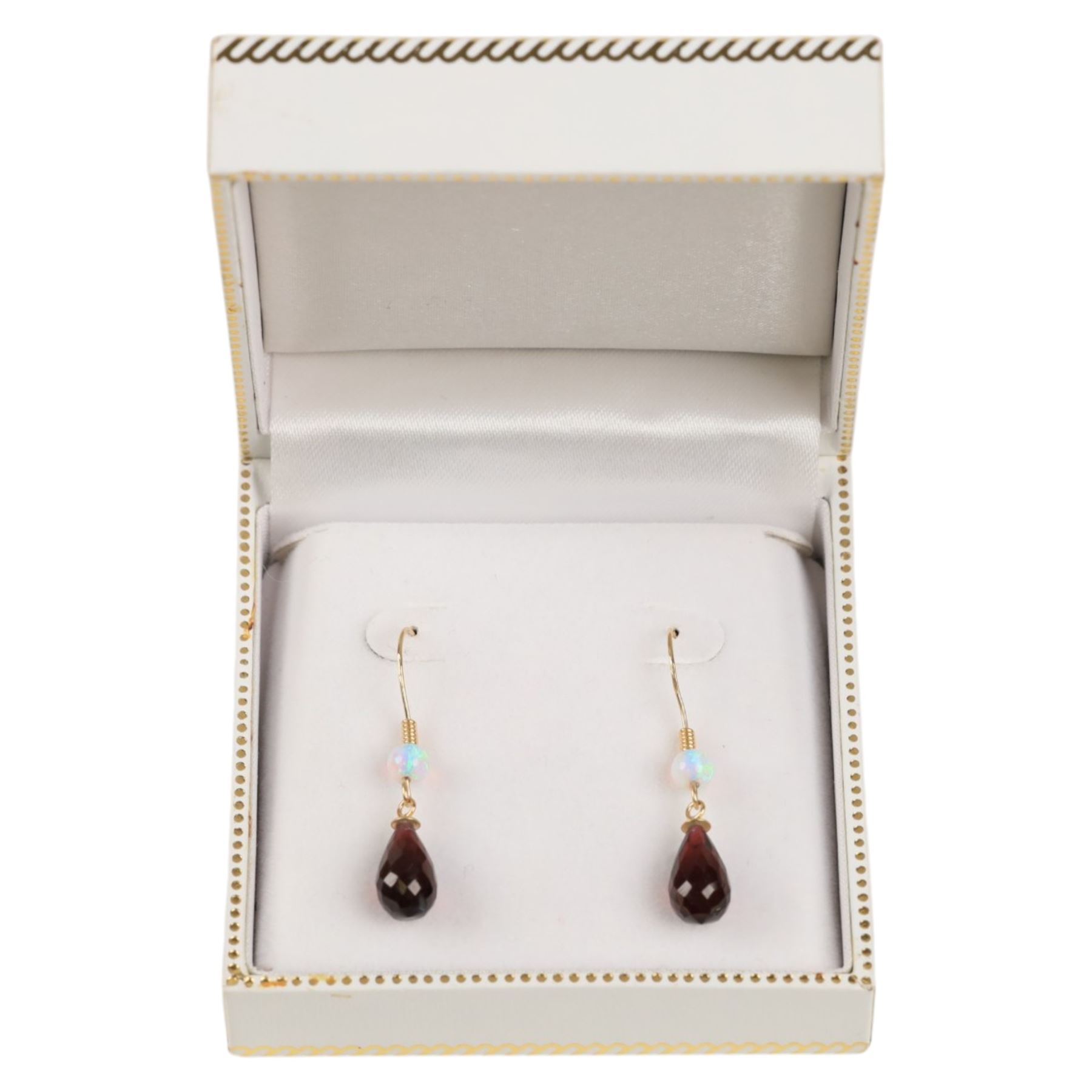 Pair of 9ct gold opal and garnet pendant earrings, boxed