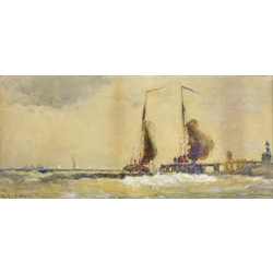  Sailing Vessels off the Slipway, watercolour signed and dated '99 by Frank Henry Mason (Staithes Group 1875-1965) 16cm x 36cm  