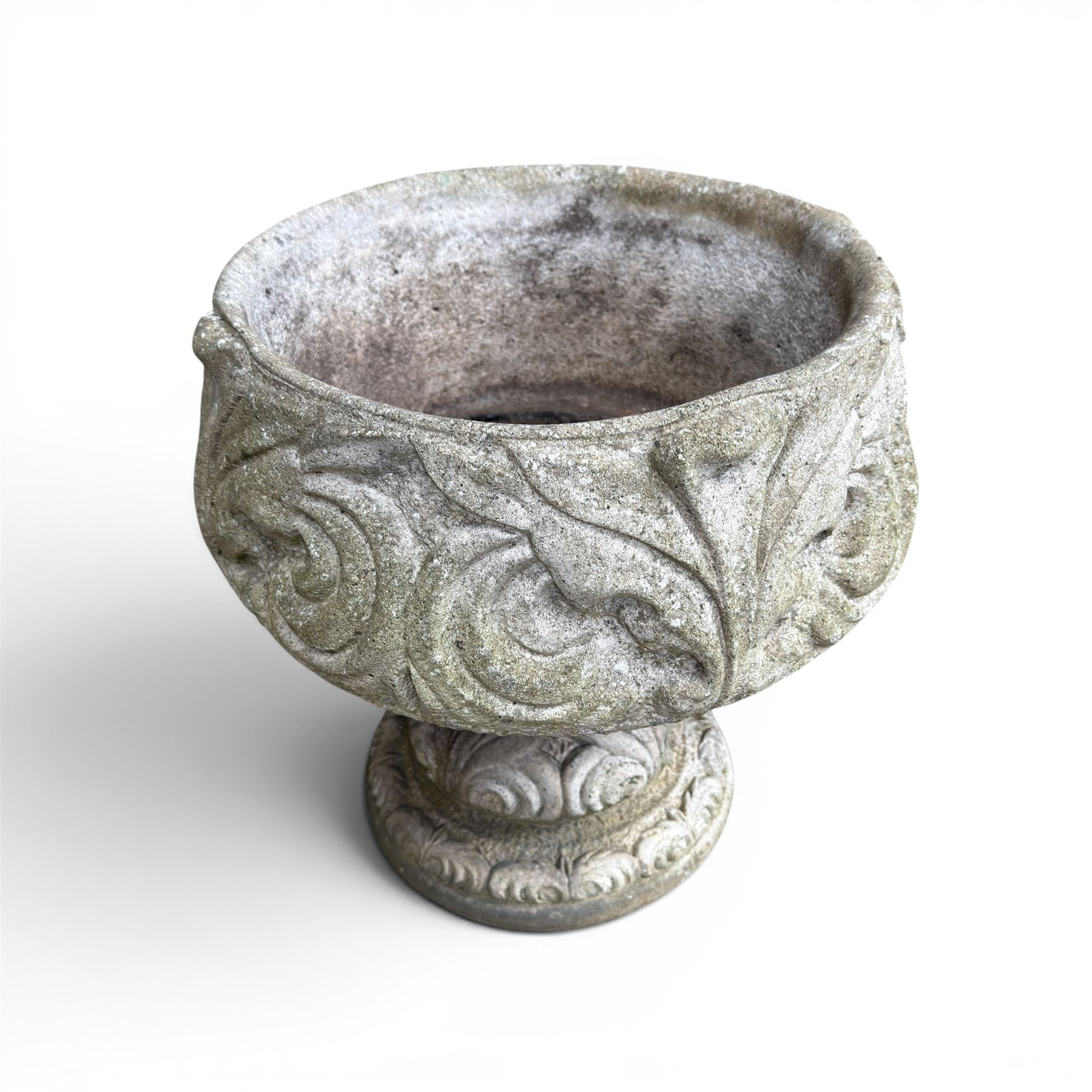 Collection of decorative cast stone garden pieces, comprising three graces bird bath, three urn planters, urn base, figure of girl and a Scottie dog (7)