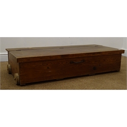  Early 20th century pine chest with hinged lid (W117cm, H25cm, D55cm) with quantity tools  