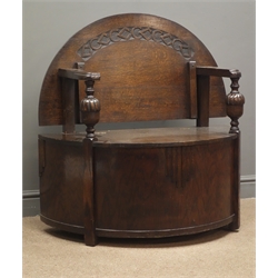  Early 20th century medium oak demi-lune monks bench, hinged box seat, W91cm  