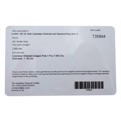 18ct white gold Colombian emerald and diamond cluster ring by Iliana, single octagonal cut emerald of 1.65 carat, surrounded by two rows of round brilliant cut and tapered baguette cut diamonds, hallmarked