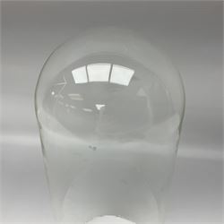 Tabletop glass display cabinet, with hinged door, together with two glass domes