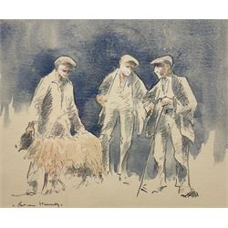 Brian Irving (British 1931-2013): Three Shepherds with Sheep, watercolour and pencil signed 16cm x 19cm