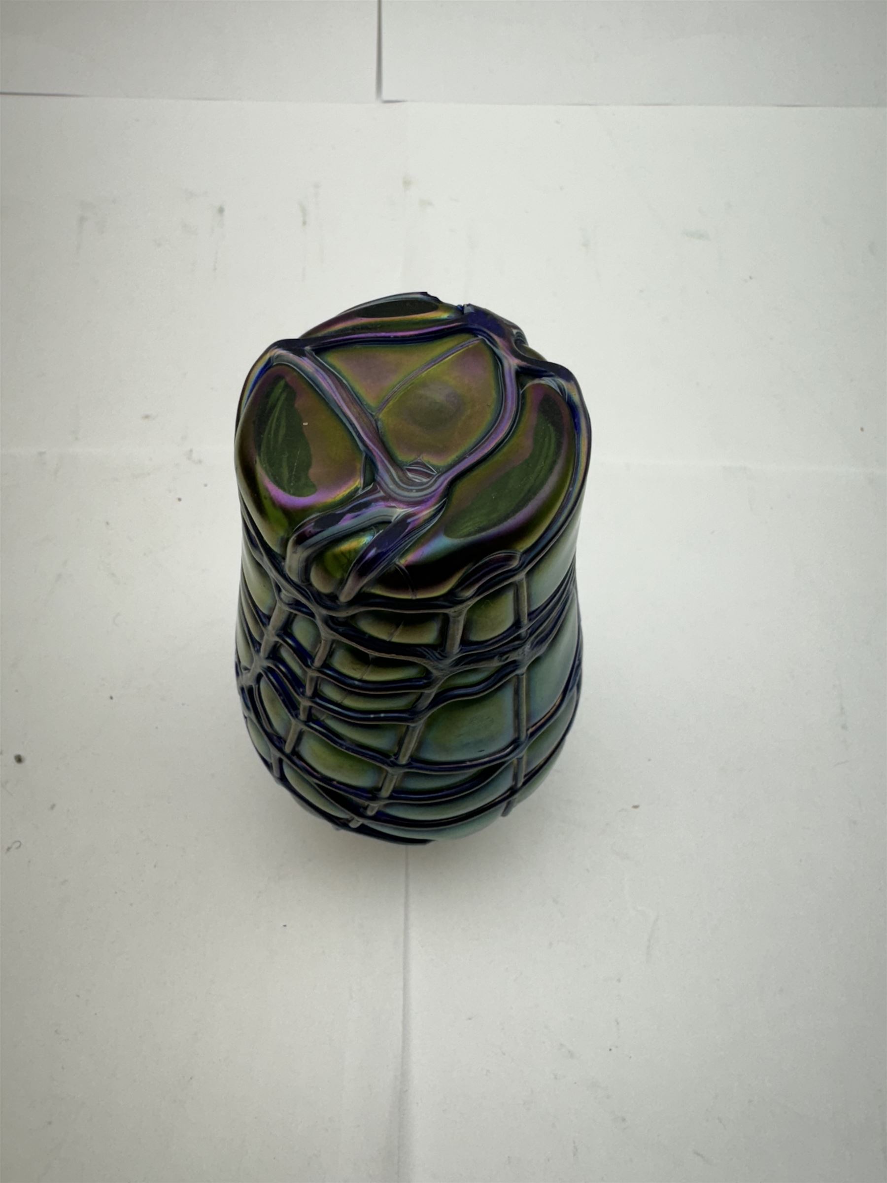 Three Austrian Art Nouveau Kralik iridescent glass vases, to include two of squat baluster form and a taller example, all green with threaded vein decoration to body, tallest H13.5cm