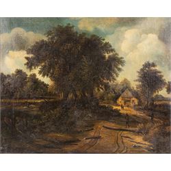 Manner of Meindert Hobbema (Dutch 1638-1709): Woodland Cottage, oil on canvas laid on boar...