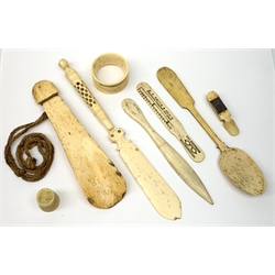 A selection of bone, to include shoe horn, spoon, napkin ring, thimble, etc. (8). 
