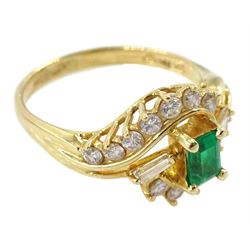 14ct gold emerald cut emerald, tapered baguette cut and round brilliant cut diamond crossover ring, stamped 14K 585