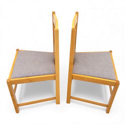 Habitat - contemporary light oak dining table, rectangular veneered top, with mitred border veneer over square section legs, with six beech upholstered chairs in grey fabric, open back with central splat, raised on square section legs, W52xD44xH88cm