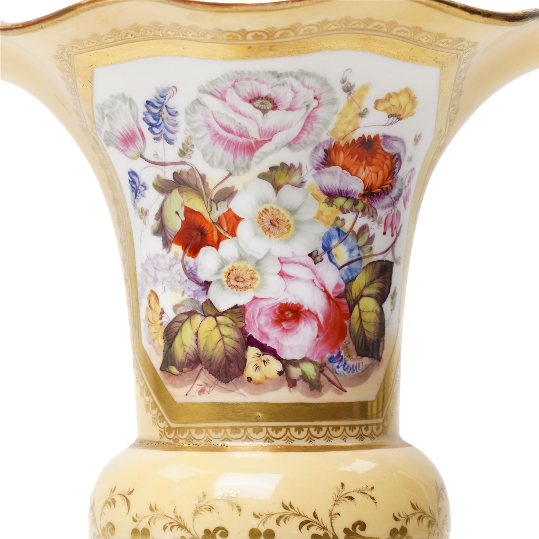 Large 19th vase with painted panel of flowers on a cream ground, in the manner of Coalport but unmarked, H27cm 