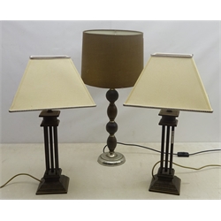  Pair bronzed table lamps with shades, H59cm and another with wooden knopped column (3)  