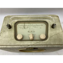 1950s Pye Type P43 cabinet radio in cream Bakelite case with orange knobs, W30cm H22cm D16cm, together with Ever Ready Sky Queen portable radio, Ekco portable radio in red case, Boxed Bush Special Edition 2002 Queens Golden Jubilee radio, Hacker Herald VHS radio (5)