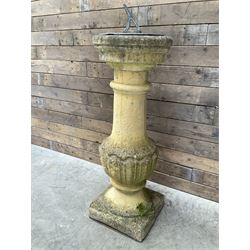 Victorian design cast stone sun dial, circular column with lead NESW plate
