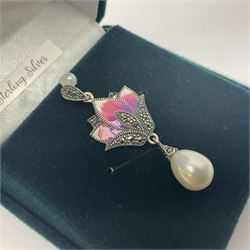 Silver enamel, pearl and marcasite flower pendant, stamped 925, boxed