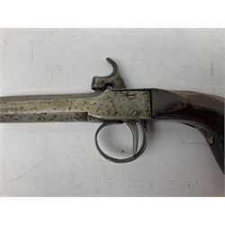 Mid 19th century double barrel percussion muff pistol, joined 7cm octagonal barrels with walnut stock19cm overall; a matching single barrel muff pistol 17cm overall (2)
