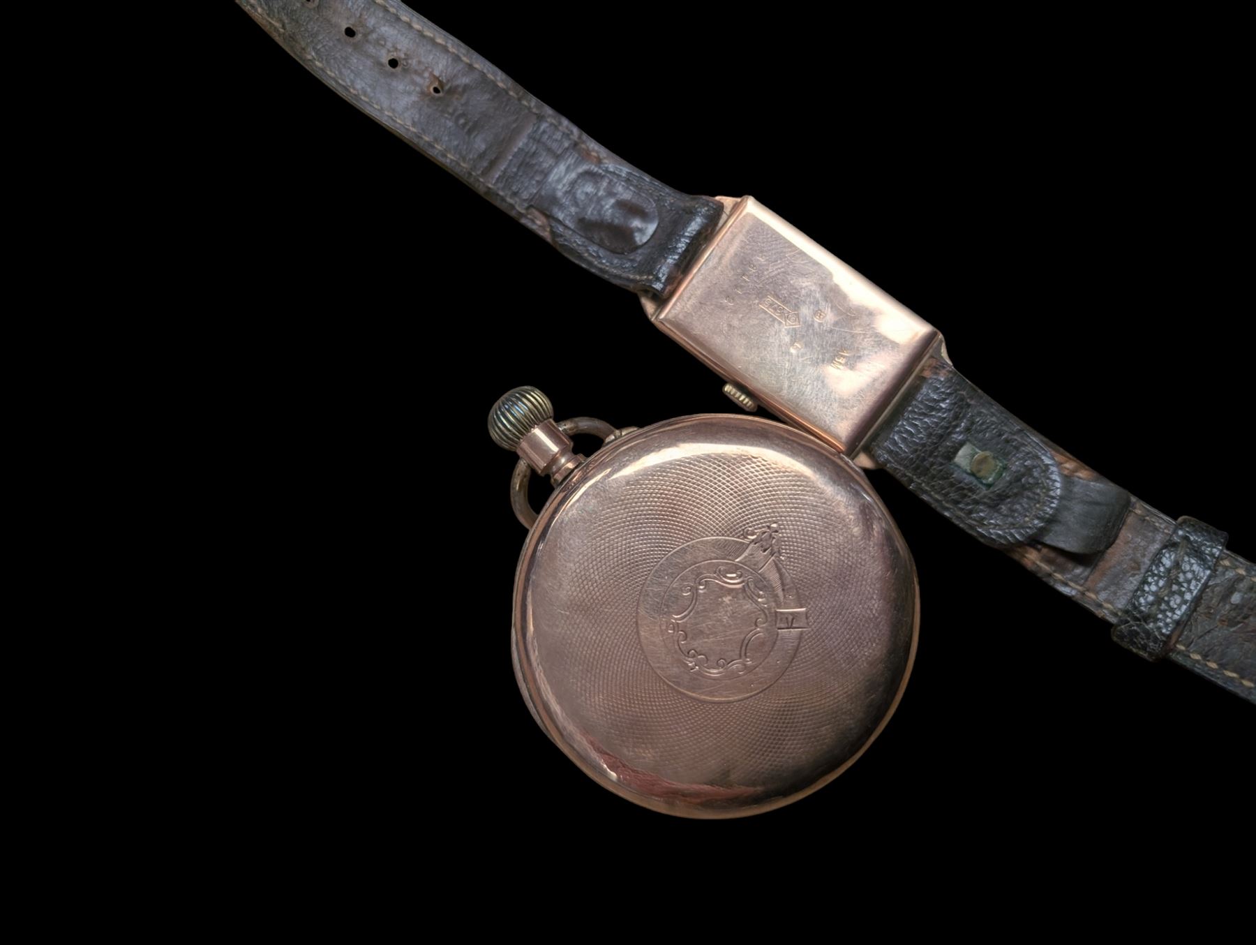 Early 20th century 9ct rose gold manual wind tank wristwatch and a 9ct rose gold keyless cylinder pocket watch