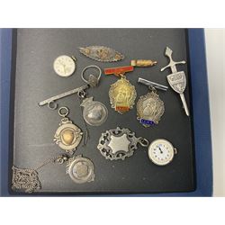 Victorian and later 9ct gold jewellery including glazed photo pendant, three gold cased wristwatches, signet ring and a cameo brooch, all hallmarked and silver jewellery including fobs, wristwatch, brooches and rings etc 
