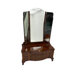 Early to mid-20th century burr walnut low dressing table, serpentine front fitted with nine drawers, raised on cabriole supports, with triple mirror back