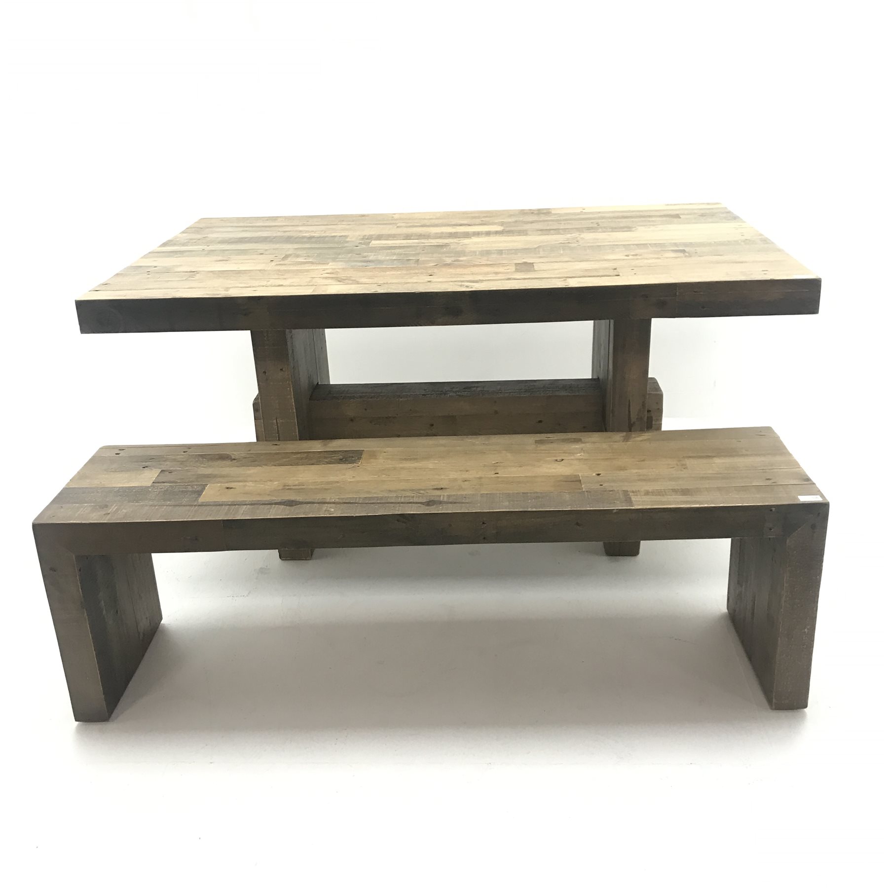 West Elm - reclaimed waxed pine dining table, square end supports joined by single stretcher (W158cm, H79cm, D99cm) and matching bench (W148cm, H47cm, D38cm)