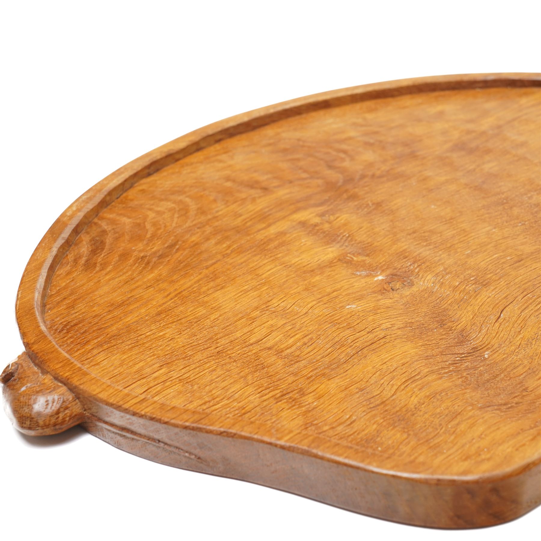 Mouseman - adzed oak kidney shaped tea tray with twin carved mouse signature handles, by the workshop of Robert Thompson, Kilburn, W47cm