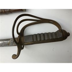 Victorian artillery officer's sword, the 90cm fullered steel blade by E. Thurkle Denmark Street Soho London decorated with Victoria cypher, Regimental crest and 'Royal Artillery', three-bar hilt with stepped pommel and wire-bound fish skin grip; in leather covered scabbard L107cm overall