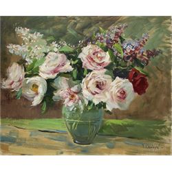 Attrib. Jean Chaleye (French 1878-1960): Still Life of Roses, oil on panel signed 60cm x 73cm