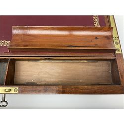 19th century mahogany and brass bound writing slope with twin drop carry handles to sides, the hinged cover opening to reveal a burgundy and gilt tooled slope and compartments, H20cm W50.5cm D28cm