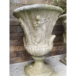 Set of four Victorian design cast stone Grecian urns, tapering form cast with figures and handles, square plinth bases