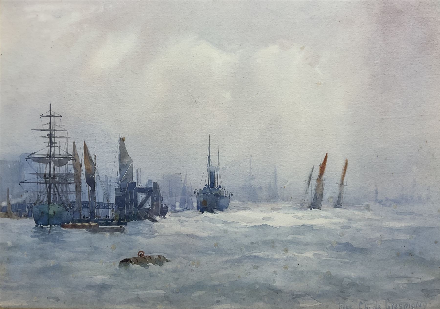 Rose Champion de Crespigny (British 1860-1935): Vessels Near the Shoreline, watercolour signed 24.5cm x 35cm 
