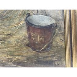 J E M (Early 20th century): Portrait of a Bay Hunter in Stable setting, oil on canvas signed with initials on the water bucket 72cm x 82cm 