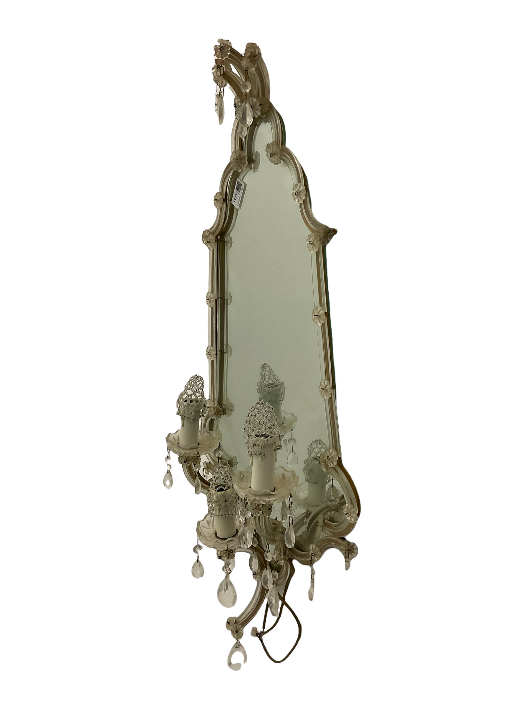 Mid to late 20th century Venetian style glass girandole or mirror, shaped frame and decorated with glass droplets, triple branch electroliers 